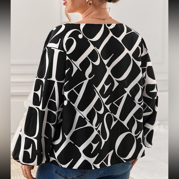 Classic Alphabet Letters Abstract Print Batwing Sleeve Top Blouse Shirt Black - Picture 3 of 11
